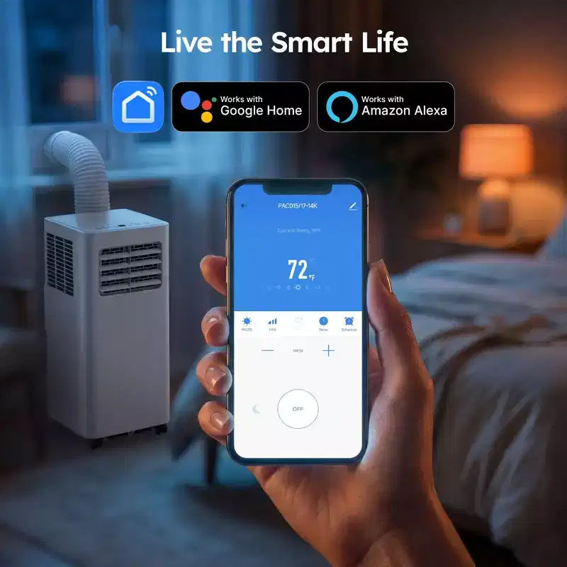 Climatiseur portable intelligent Simzlife 14000 BTU, 3-en-1 pour 37 m², contrôle via application, système auto-évaporatif, blanc