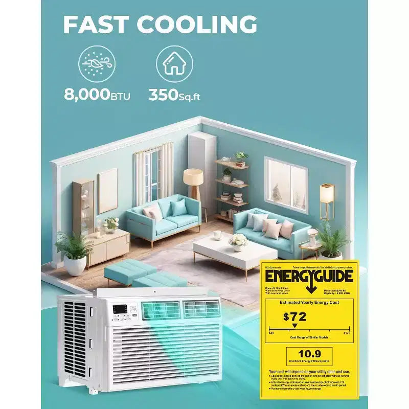 Climatiseur de fenêtre 8 000 BTU avec télécommande, unité de climatisation de fenêtre intelligente avec déshumidificateur, ventilateur, économie d'énergie, pour la maison/le salon