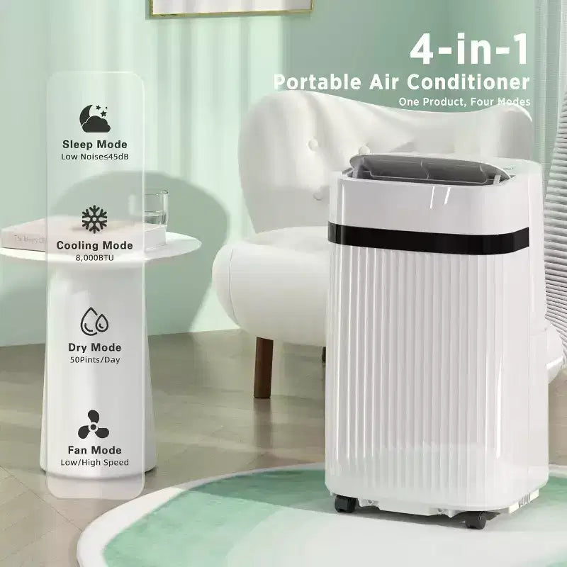 Climatiseur portable ZAFRO 12 000 BTU, refroidit des pièces jusqu'à 51 m², climatiseur portable avec fonctions Froid, Ventilateur, Déshumidificateur et Veille, Blanc