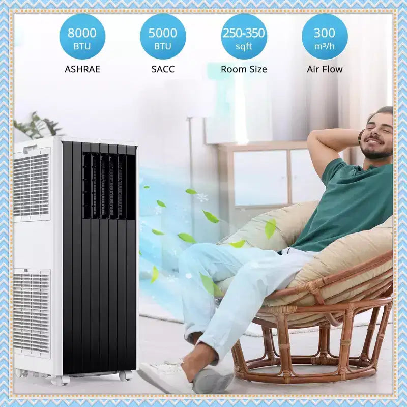Climatiseur portable 8000 BTU, 3-en-1 CA avec déshumidificateur et ventilateur, pour pièces jusqu'à 32,5 m², avec télécommande et kit de fenêtre