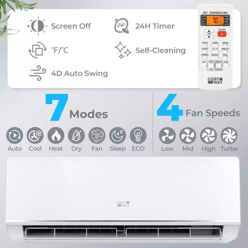 Costway 12000 BTU 230 V Mini Split Air Conditioner & Heater with 1 Ton Heat Pump Installation Kit
