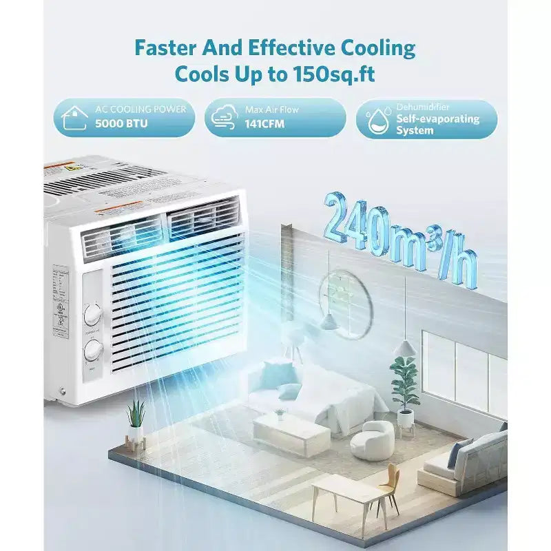 ZAFRO 5,000 BTU Window Air Conditioner Cools Up to 150 Sq. Ft, Utral Quiet Air Conditioner Window Unit with Mechanical Controls, 2 Fan Speeds
