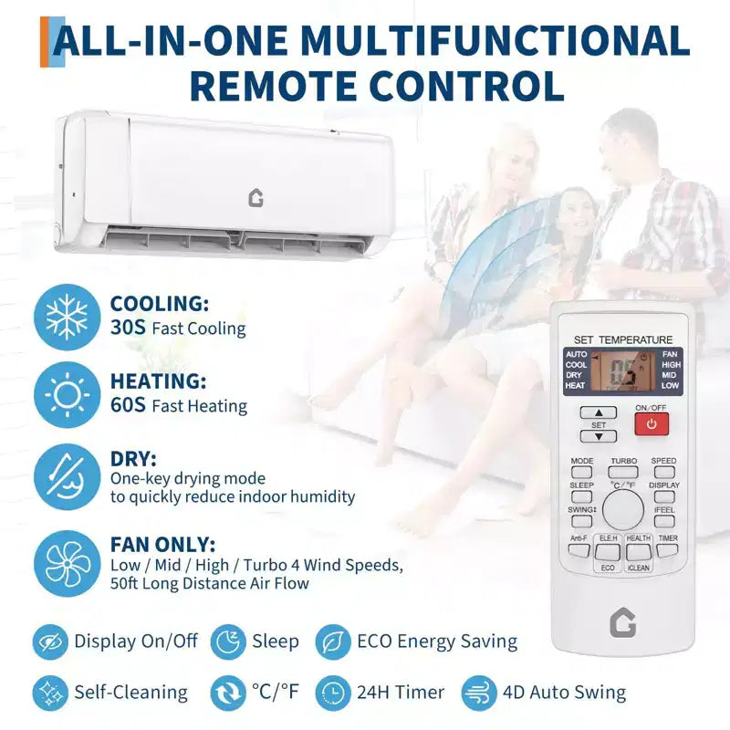 Climatiseur mini-split WiFi 24000 BTU, CVC mural sans conduit à inverseur 19 SEER2 208-230V avec WiFi et compatible Alexa