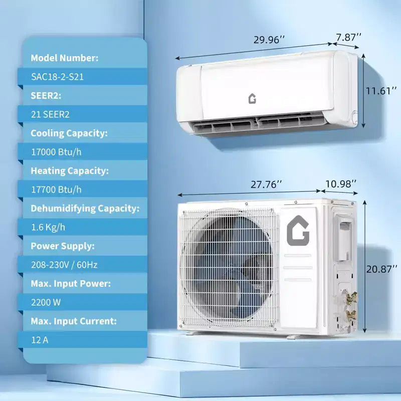 Climatiseur mini-split WiFi 18 000 BTU, SEER2 21, 208-230 V, inverseur, sans conduit mural avec WiFi et compatible Alexa, refroidit les pièces jusqu'à 116 m², économe en énergie