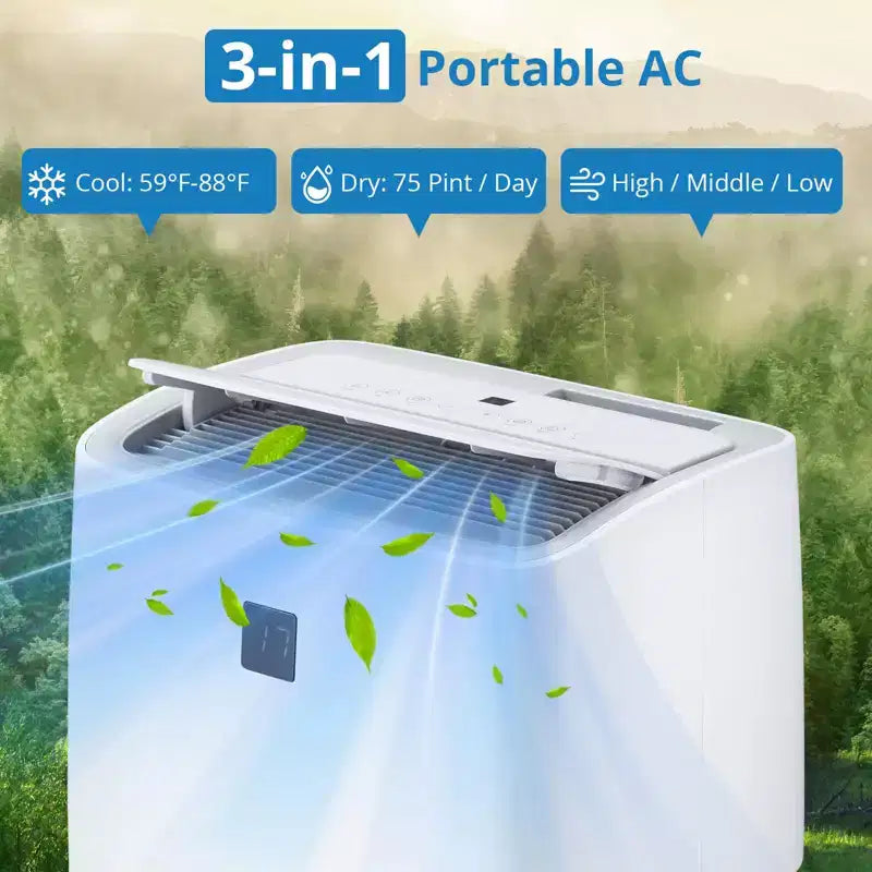 Climatiseurs portables, Climatiseur portable 14000 BTU, Refroidit jusqu'à 70 m² Climatiseur mobile 3-en-1 pour chambre avec déshumidificateur, ventilateur, mode veille, minuterie 24h
