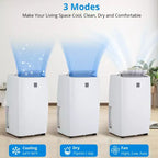 Climatiseur portable 12000 BTU, 3-en-1 : refroidissement, déshumidificateur et ventilateur pour pièces jusqu'à 42 m². Écran numérique, télécommande et mode veille intelligent.