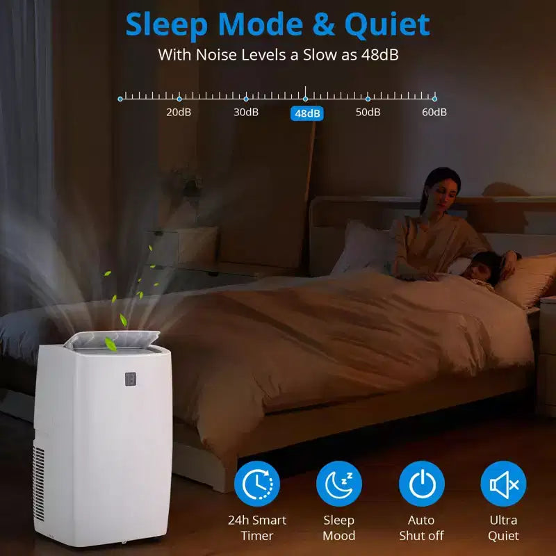 Climatiseur portable 12000 BTU, 3-en-1 : refroidissement, déshumidificateur et ventilateur pour pièces jusqu'à 42 m². Écran numérique, télécommande et mode veille intelligent.