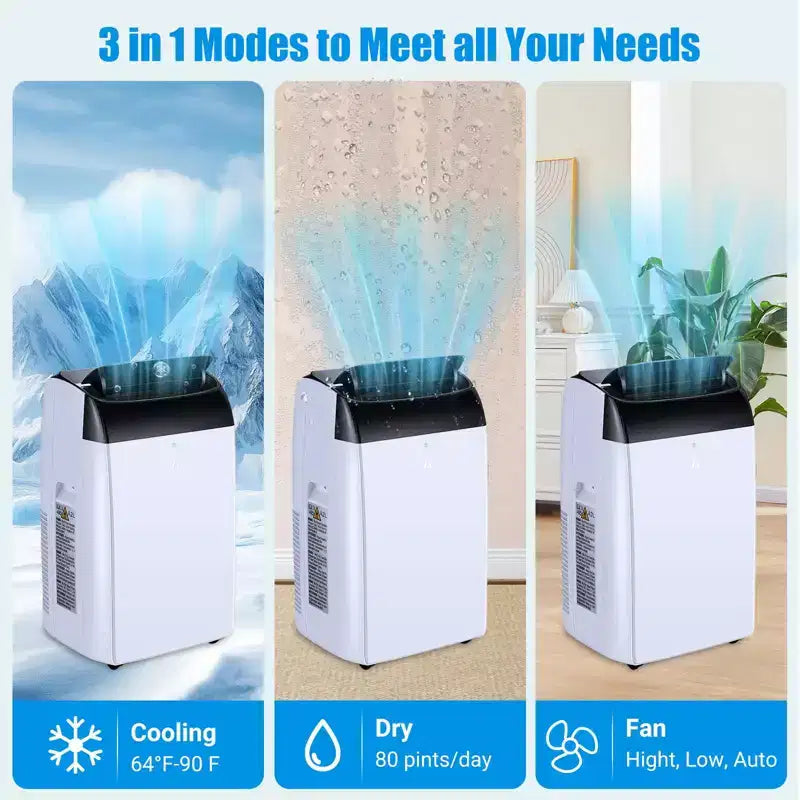 Climatiseur portable 14000 BTU, rafraîchit jusqu'à 70 m², climatiseur portable silencieux 3-en-1 avec télécommande et kits d'installation