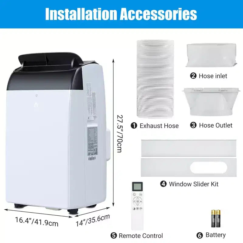 Climatiseur portable 14000 BTU, rafraîchit jusqu'à 70 m², climatiseur portable silencieux 3-en-1 avec télécommande et kits d'installation