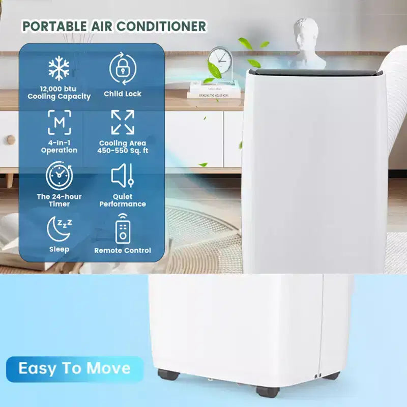 Climatiseur, Climatiseur portable 12000 BTU avec modes déshumidificateur et ventilateur, refroidit une pièce jusqu'à 65 m², Climatiseur mobile