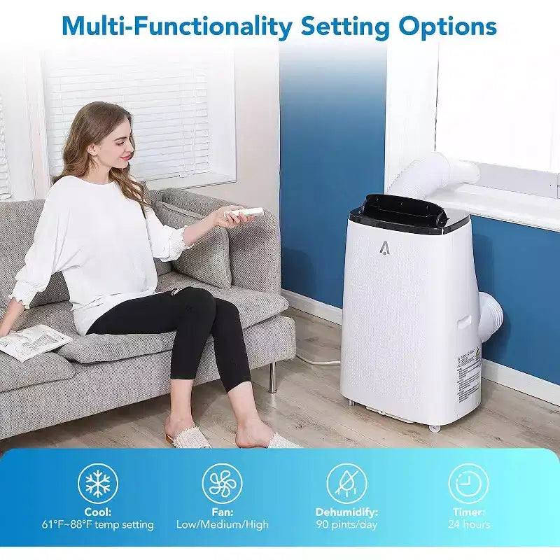 Climatiseur portable 14 000 BTU – Refroidissement rapide 3 en 1 pour 65 m², double moteur avec déshumidificateur et télécommande, idéal pour grandes pièces et camping-cars, noir