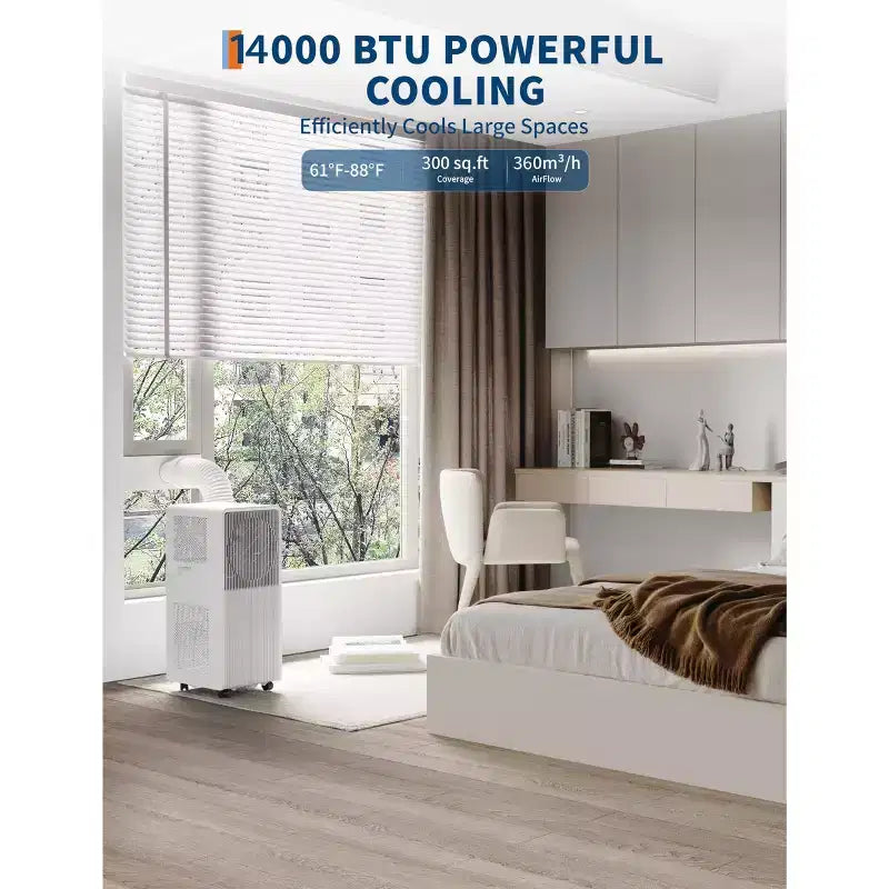14,000 BTU Drainage-free Portable Air Conditioner for Indoor Rooms, 3-In-1 AC Unit for Bedroom 225-300 Sq.Ft, Dehumidifier, Fan, Sleep Mode, 24 Timer