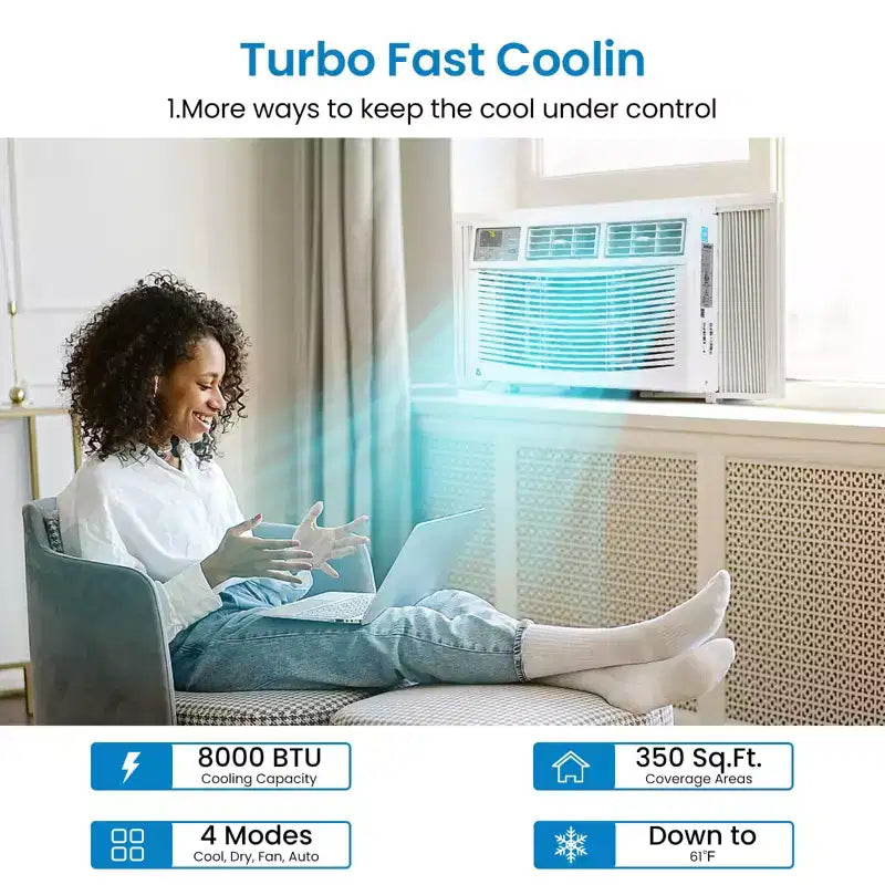 8000 BTU Smart Window AC - WiFi Enabled Air Conditioner for 350 Sq.Ft Rooms, 11 EER Quiet 51dB Cooling w/App Control, Digital Display & Remote