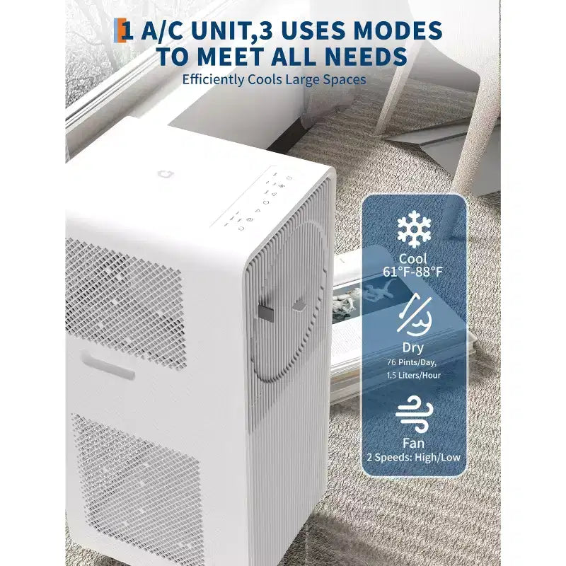 12,000 BTU Portable Air Conditioner 3-in-1 Drainage-Free AC for Bedrooms (190-250 Sq.Ft), Dehumidifier, Fan, Sleep Mode, 24-Hour Timer