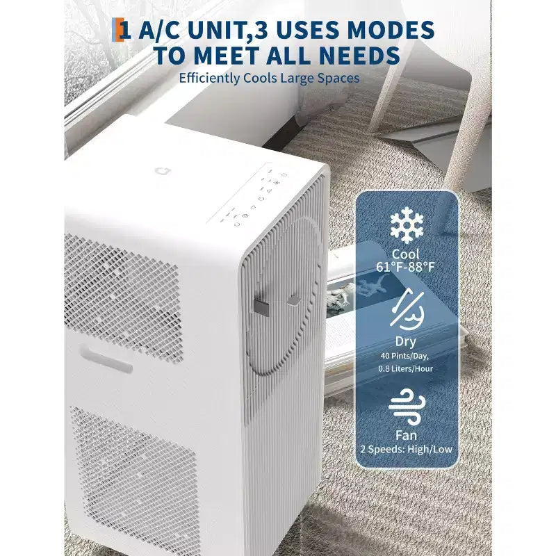 Climatiseur portable 8 000 BTU, climatiseur silencieux jusqu'à 70 m², unité de climatisation 3-en-1 avec fonctions froid, ventilateur, déshumidificateur, minuterie 24h