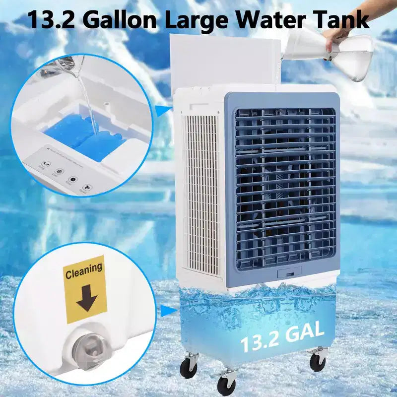 Refroidisseur d'air évaporatif 3500CFM, Refroidisseur par évaporation avec télécommande et minuterie 12h, 4 blocs de glace, 3 modes et vitesses de ventilation pour utilisation extérieure intérieure, 13,2 gallons