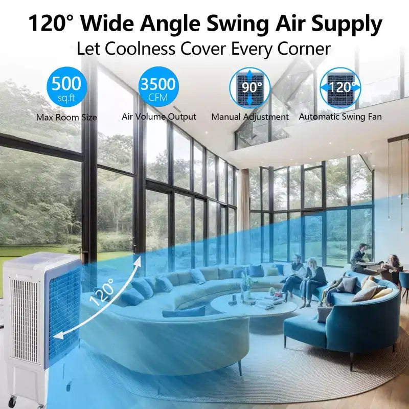 Refroidisseur d'air évaporatif 3500CFM, Refroidisseur par évaporation avec télécommande et minuterie 12h, 4 blocs de glace, 3 modes et vitesses de ventilation pour utilisation extérieure intérieure, 13,2 gallons
