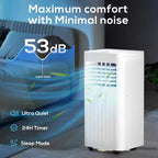 Climatiseur portable 8000 BTU – Rafraîchissement, ventilation, déshumidification et mode nuit, silencieux 55 dB, pour pièces jusqu'à 32,5 m². Télécommande et kit fenêtre inclus