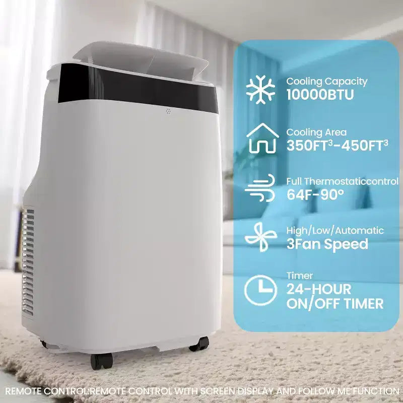 Climatiseur portable Acekool 10000 BTU, 3-en-1 CA avec ventilateur et déshumidificateur, télécommande, 3 vitesses, minuterie 24h, rafraîchit les pièces jusqu'à 42 m², installation facile