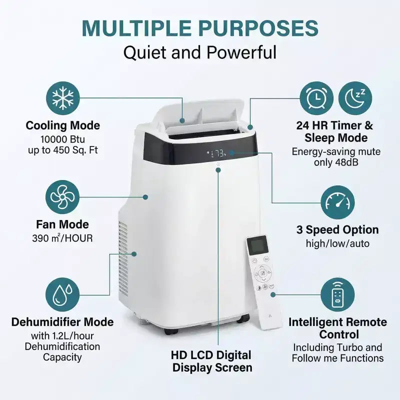 Climatiseur portable Acekool 10000 BTU, 3-en-1 CA avec ventilateur et déshumidificateur, télécommande, 3 vitesses, minuterie 24h, rafraîchit les pièces jusqu'à 42 m², installation facile