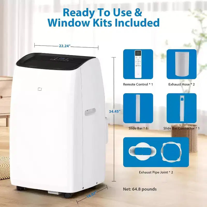 Climatiseur et Chauffage Portable Acekool 14 000 BTU, Climatiseur 4-en-1 avec Déshumidificateur, Ventilateur, Télécommande, Minuteur, Refroidit et Chauffe Jusqu'à 70 m², Kit Fenêtre