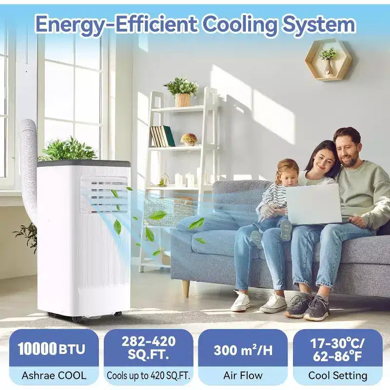 Climatiseur et Chauffage Portable Acekool 10 000 BTU, 3-en-1 Climatiseur, Pompe à Chaleur, Ventilateur, Déshumidificateur, Télécommande, Minuteur 24H, Refroidit 42 m², Kit Fenêtre