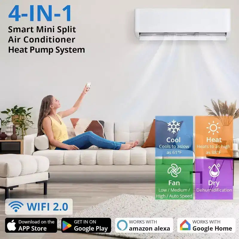 Climatiseur et pompe à chaleur Acekool 9000 BTU Mini Split, Inverter 24 SEER2, WiFi/Alexa, système sans conduit pour pièces jusqu'à 42 m², 208/230V avec kit d'installation