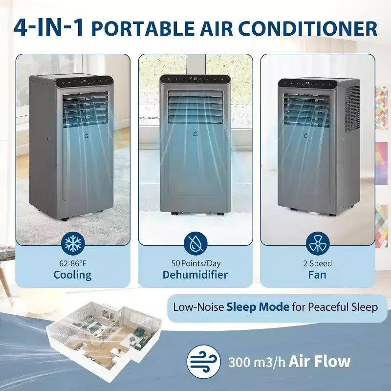 Acekool 8,000 BTU Portable Air Conditioner, 4-in-1 AC Dehumidifier Fan Sleep Mode, Remote, Timer, Window Kit, for Rooms up to 350 Sq. Ft, Grey