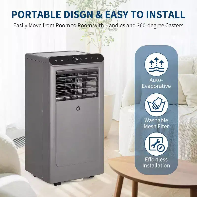 Acekool 8,000 BTU Portable Air Conditioner, 4-in-1 AC Dehumidifier Fan Sleep Mode, Remote, Timer, Window Kit, for Rooms up to 350 Sq. Ft, Grey