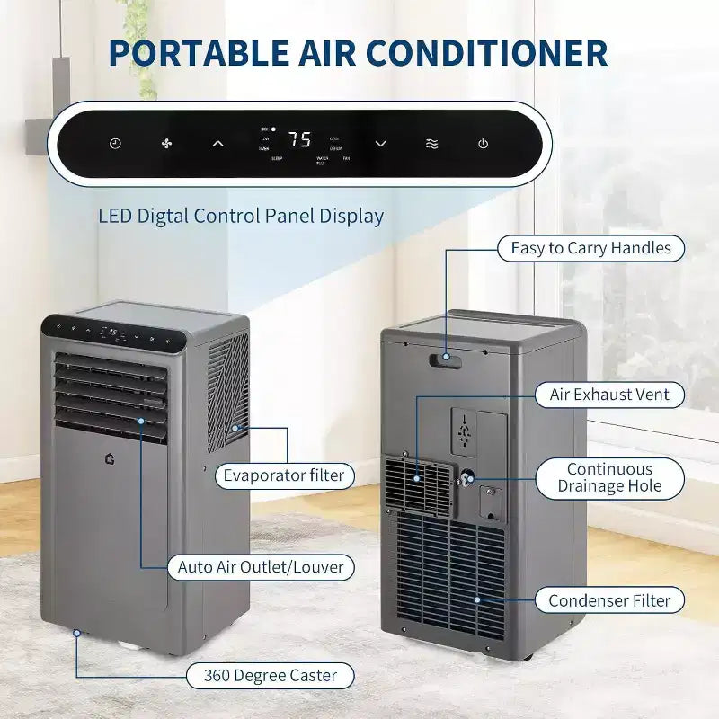 Climatiseur portable Acekool 10 000 BTU, climatiseur 4-en-1 déshumidificateur ventilateur mode veille, télécommande, économe en énergie, pour pièces jusqu'à 42 m², gris