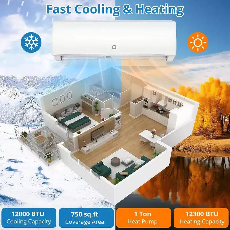 Acekool 9000 BTU Mini Split AC & Heater, 20 SEER2, WiFi Enabled, Wall-Mounted for Rooms up to 450 Sq.Ft