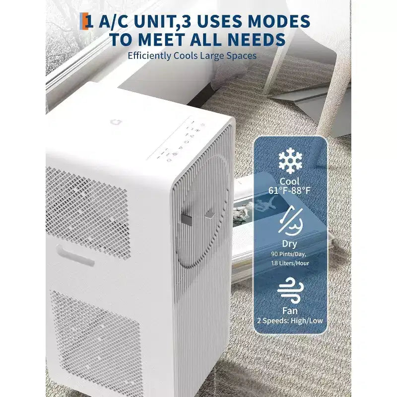 Climatiseur portable Acekool 14 000 BTU, ventilateur déshumidificateur 3-en-1, télécommande, mode veille, minuterie, kit de fenêtre, pour pièce de 21-28 m², blanc