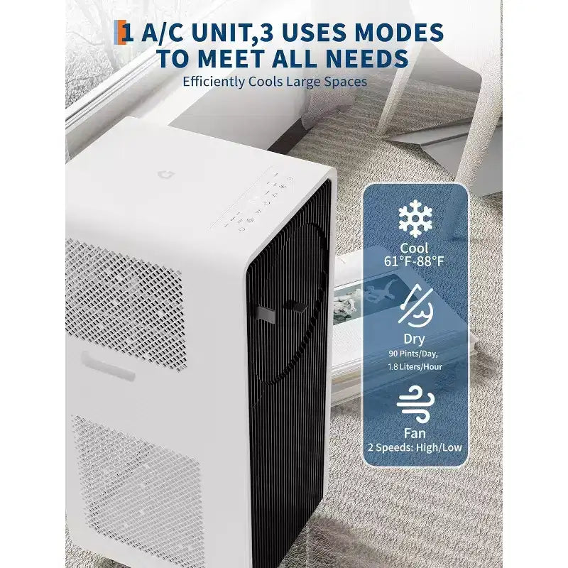 Acekool 14,000 BTU Portable Air Conditioner, 3-in-1 AC, Fan, Dehumidifier, for Room up to 700 Sq. Ft, Remote, Timer, Sleep Mode, Black+White