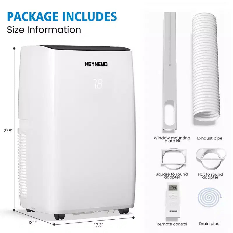 Heynemo 14,000 BTU 3-in-1 Portable Air Conditioner with Heat, Dehumidifier & Fan, Smart WiFi Control, Quiet AC for Bedroom, Office, White