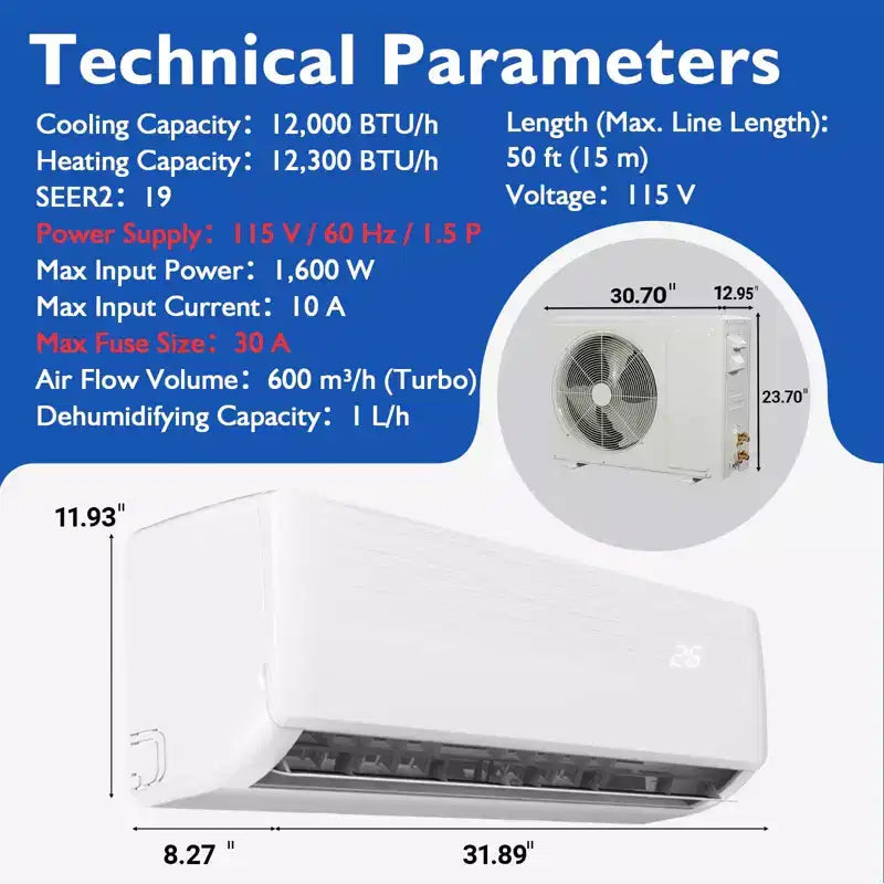 Climatiseurs Mini Split avec pompe à chaleur GustoWave, 19 SEER2, Blanc