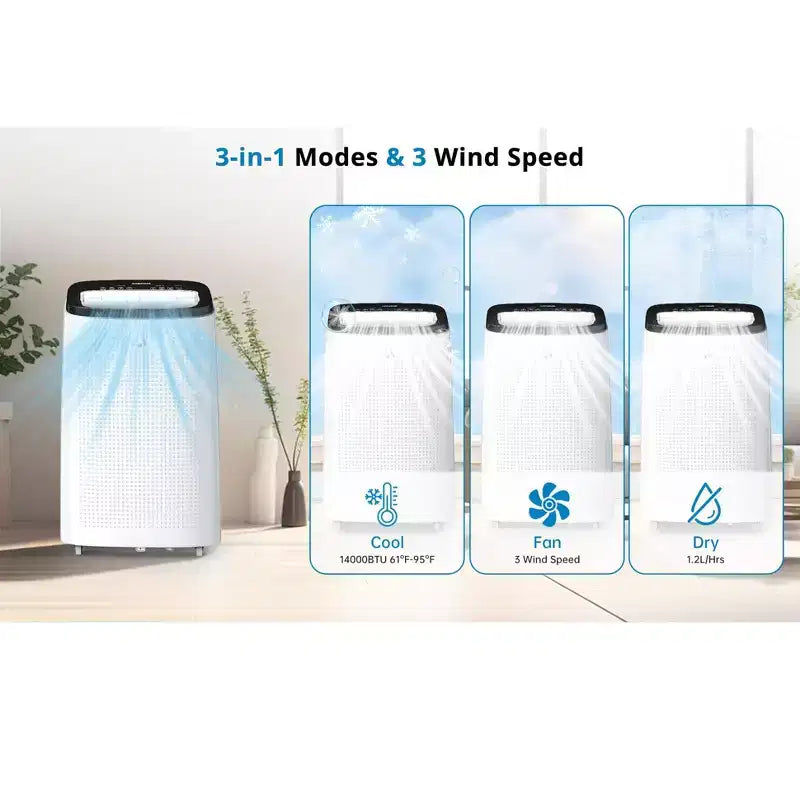 Climatiseur portatif GustoWave 14000 BTU, 3 en 1, pour 500-700 pieds carrés, télécommande, écran LED et minuterie 24 heures