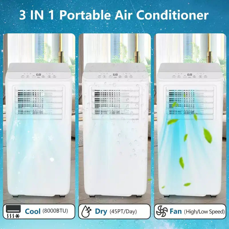 Climatiseur portable Acekool 8 000 BTU, ventilateur et déshumidificateur 3-en-1, climatiseur silencieux avec télécommande, minuterie, kit de fenêtre pour pièces jusqu'à 32,5 m²