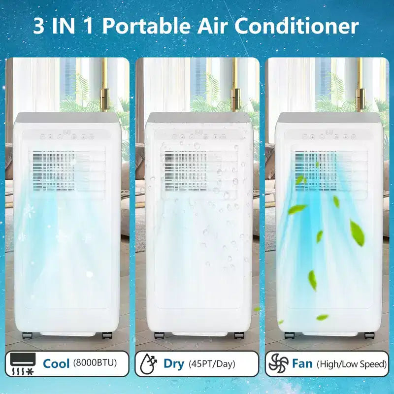 Acekool 8,000 BTU Portable Air Conditioner, 3-in-1 Cooling Fan Dehumidifier, Remote Control, 24H Timer for Rooms up to 350 Sq Ft