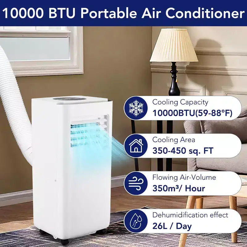 Climatiseur portable Acekool 10 000 BTU, ventilateur déshumidificateur 3-en-1, minuterie 24h, climatiseur facile à déplacer pour des pièces jusqu'à 42 m²