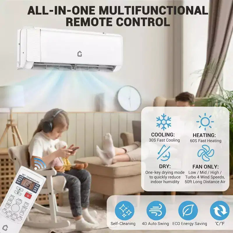 Climatiseur et Chauffage Mini Split Acekool 9 000 BTU, Pompe à Chaleur CVC Sans Conduit 20 SEER2, Contrôle WiFi, Refroidit les Pièces jusqu'à 42 m²
