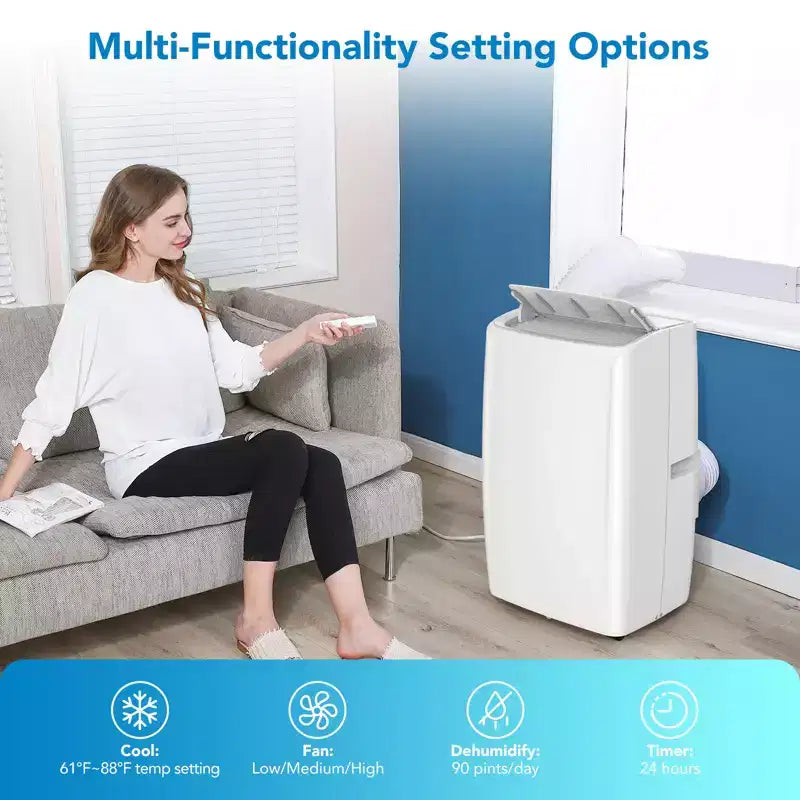 Climatiseur portable de 14 000 BTU, refroidit des pièces de 70 m², comprend un kit de ventilation pour fenêtre et une télécommande, compact et efficace