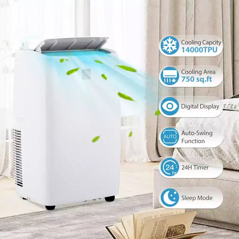 Climatiseur et déshumidificateur portables, 14 000 BTU pour pièces de 70 m², avec mode veille, ventilateur oscillant, minuterie, télécommande et kit fenêtre