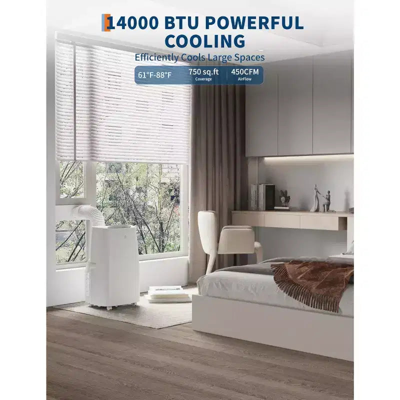 Climatiseur portable 14 000 BTU, unité de climatisation portable 3-en-1 refroidit/ventilateur/déshumidificateur jusqu'à 70 m², unité de climatisation avec minuterie 24h, télécommande, chambre à coucher
