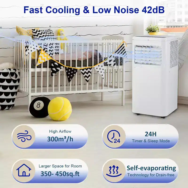 10,000 BTU Portable Air Conditioner - Quiet 4-Mode AC (Cool, Fan, Sleep, Dehumidify) for 450 Sq.Ft. Includes 24H Timer, Remote & Drain Hose