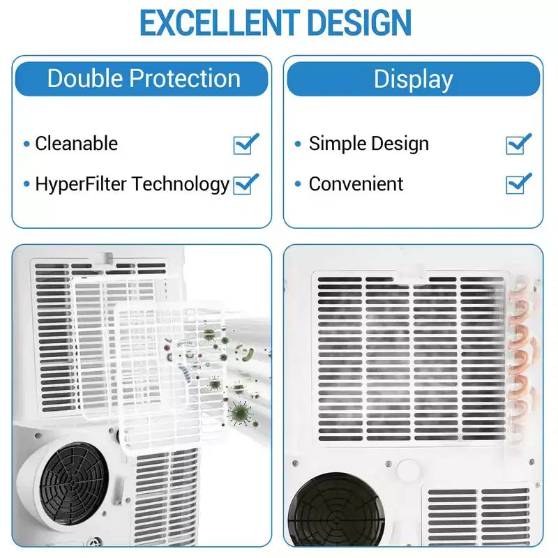 Climatiseur portable silencieux de 14 000 BTU : 3-en-1 rafraîchisseur, déshumidificateur et ventilateur pour grandes pièces jusqu'à 70 m². Comprend une télécommande, un mode veille et une minuterie de 24 heures