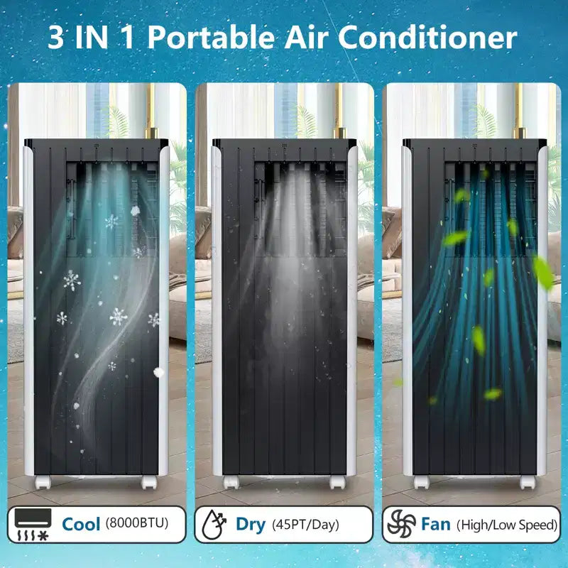 Climatiseur portable 8 000 BTU avec déshumidificateur et ventilateur intégrés – Refroidit jusqu'à 32,5 m² – Minuteur, mode veille, télécommande et kit fenêtre inclus