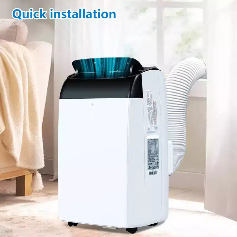 Climatiseur portable compact et intelligent : 12 000 BTU, refroidissement 3-en-1 pour pièces de 51 m² avec télécommande LCD. Modes ventilateur et déshumidificateur, couleur blanche.