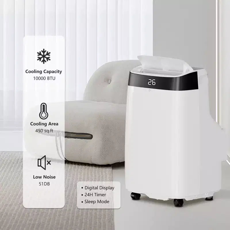 Climatiseur portable avec kit de fenêtre complet et tuyau : 10 000 BTU, refroidissement 3-en-1 pour pièces de 42 m² (refroidissement/déshumidification/ventilateur). Fonctionnalités : minuterie de 24 heures