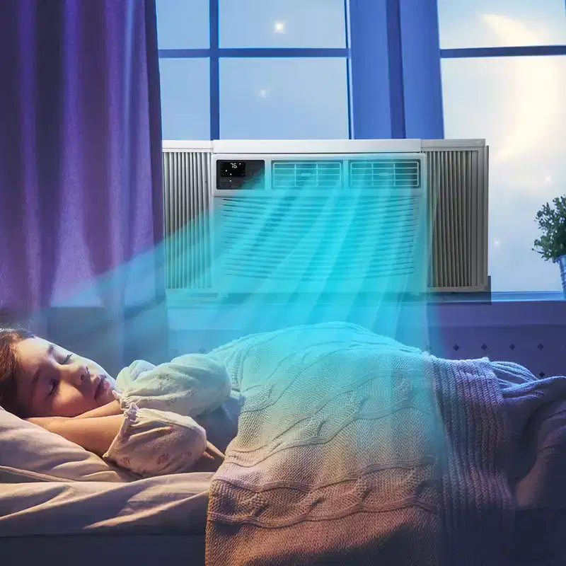 Climatiseur de fenêtre contrôlable par application et télécommande : unité de 10 000 BTU pour fenêtres, refroidit des pièces jusqu'à 42 m². Idéal avec les modes veille et minuterie programmable.