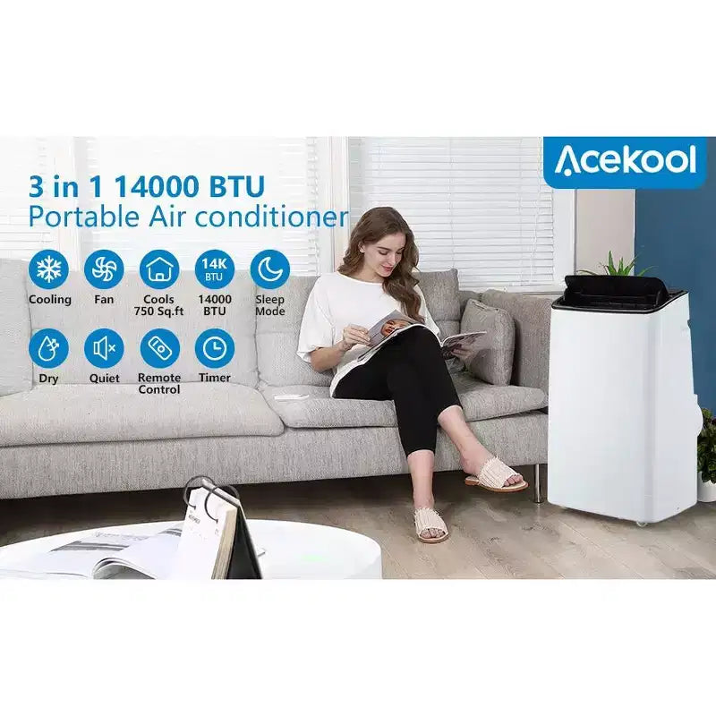 Acekool 14000 BTU Portable Air Conditioner, 3-in-1 AC Unit with WiFi, Cools and Heats Up to 700 Sq Ft, Remote, for Living Room/RV/Workspace